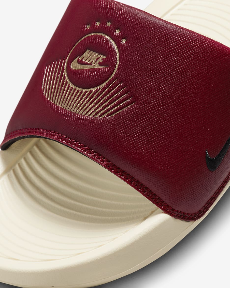 Maroon gold nike slides hotsell